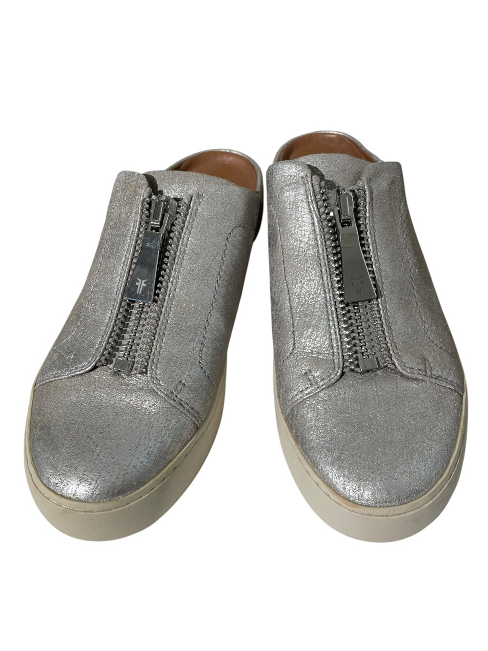 Frye Lena Leather Zip Mules Sneakers Slides Metallic Silver Women's Sz 7.5 New